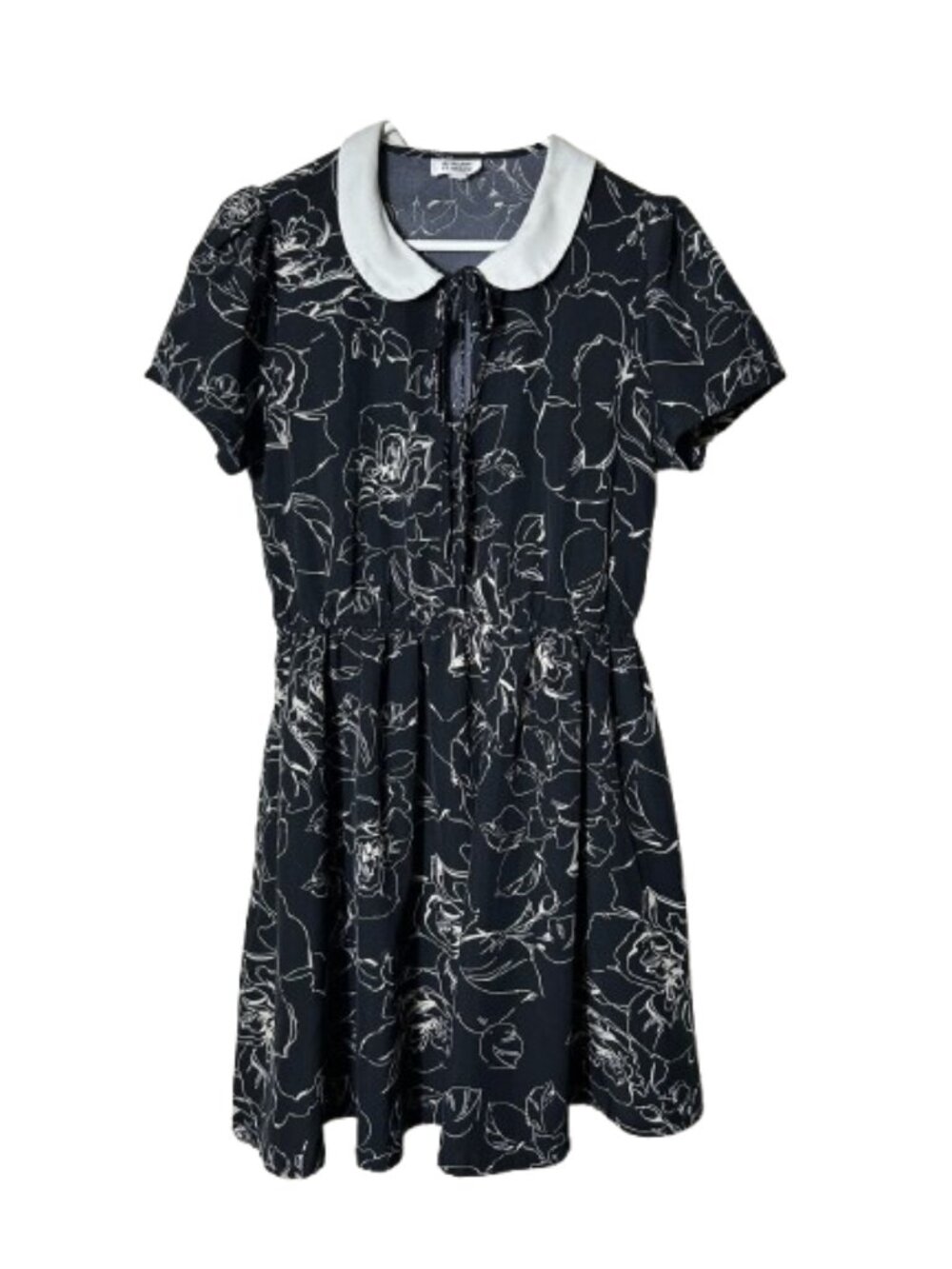Unique Vintage black white floral peter pant collar fit and flare dress womens M
